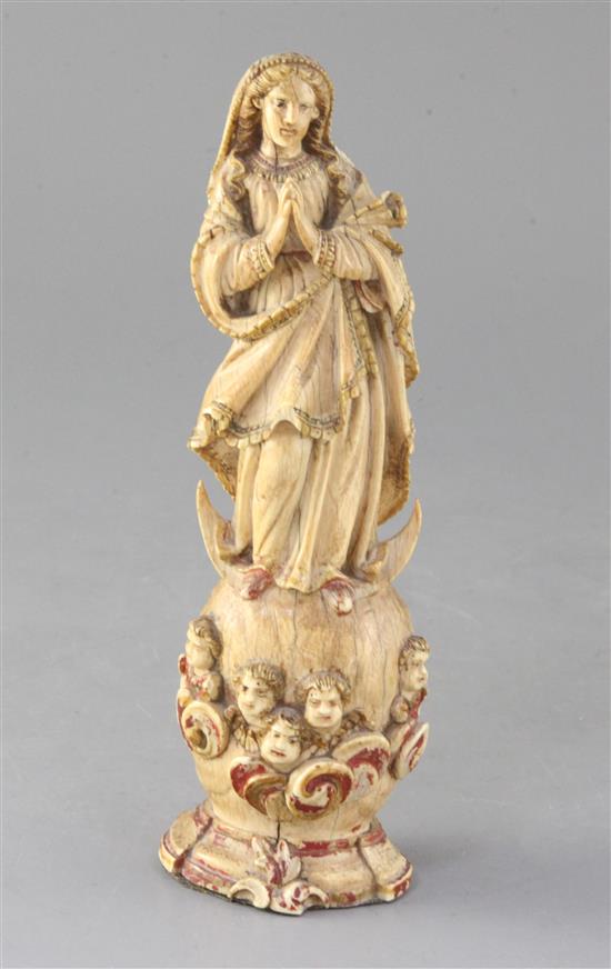 An Indo-Portuguese ivory figure of Mary, Our Lady of the Conception, Goa, late 17th/early18th century, height 8in.